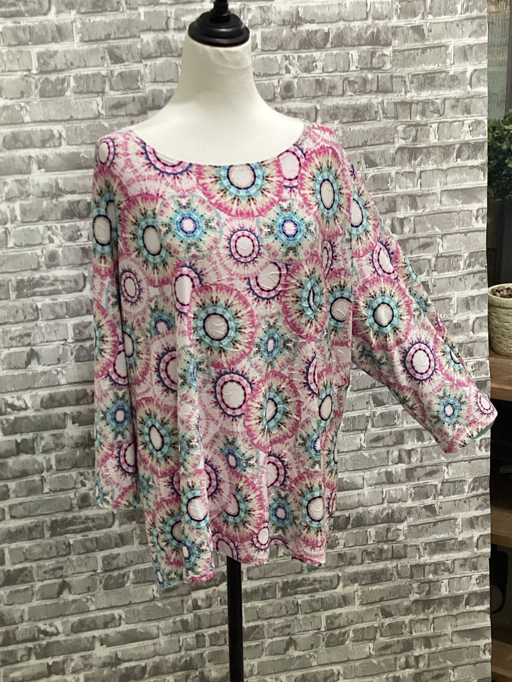 JM Collection Tie Dye Boho Round Neck 3/4 Sleeves Slinky Knit  Blouse 3X